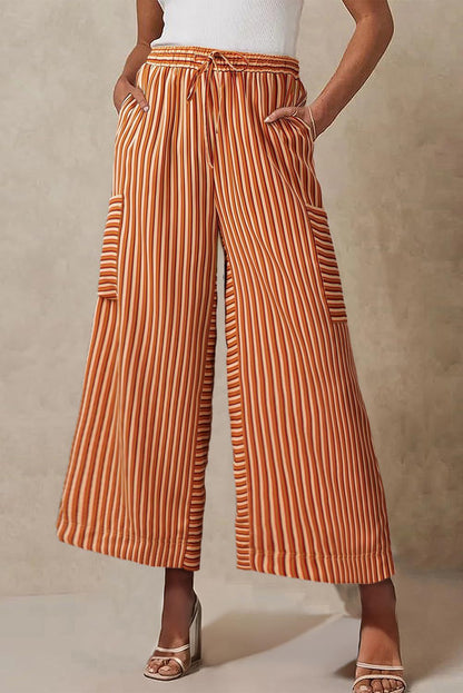 Pantalon femme large – Coupe décontractée – Rayures verticales – Tissu respirant – Taille à cordon