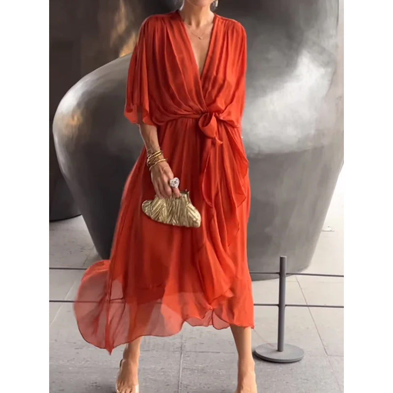 Robe longue femme – Tissu fluide – Manches chauve-souris – Taille nouée – Ourlet asymétrique