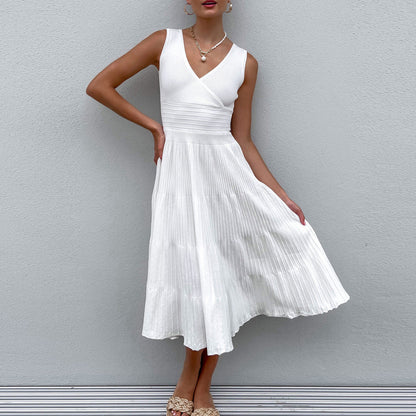 Robe midi femme – Coupe ajustée – Sans manches – Col V – Jupe plissée fluide