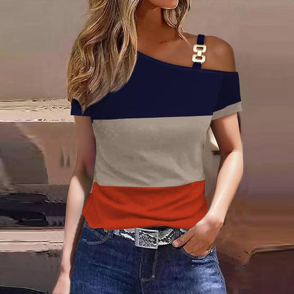 Haut femme – Coupe décontractée – Épaule dénudée – Bretelle chaîne – Motif script