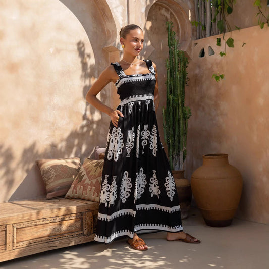 Robe d’été femme – Coton – Coupe évasée – Bretelles volantées – Longueur cheville