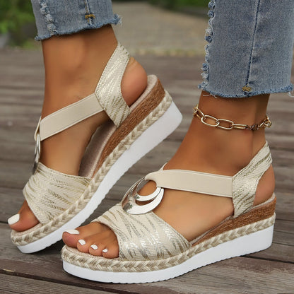 Sandales compensées femme – Bout ouvert – Bride arrière réglable – Semelle en jute