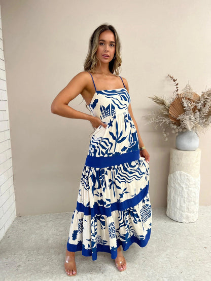 Robe longue femme – Coupe évasée fluide – Bretelles fines – Tissu respirant à volants