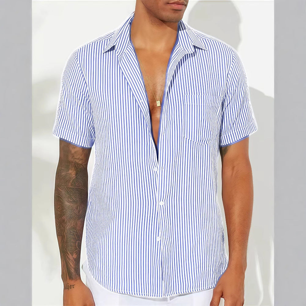 Men's short-sleeve shirt – Relaxed fit – Vertical stripes – Breathable fabric