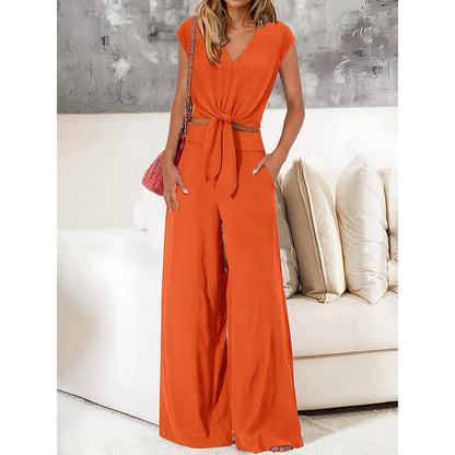 Women's 2-piece set – Cropped tie-front V-neck top – High-waisted wide-leg pants