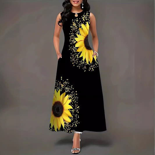 Robe longue femme – Coupe décontractée – Sans manches – Imprimé tournesol – Col rond