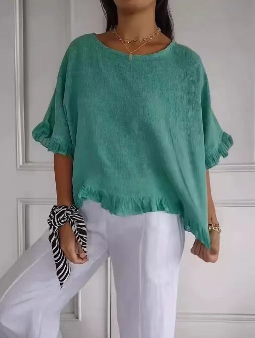 Blouse femme manches courtes – Lin coton – Coupe ample – Col rond – Ourlet volanté