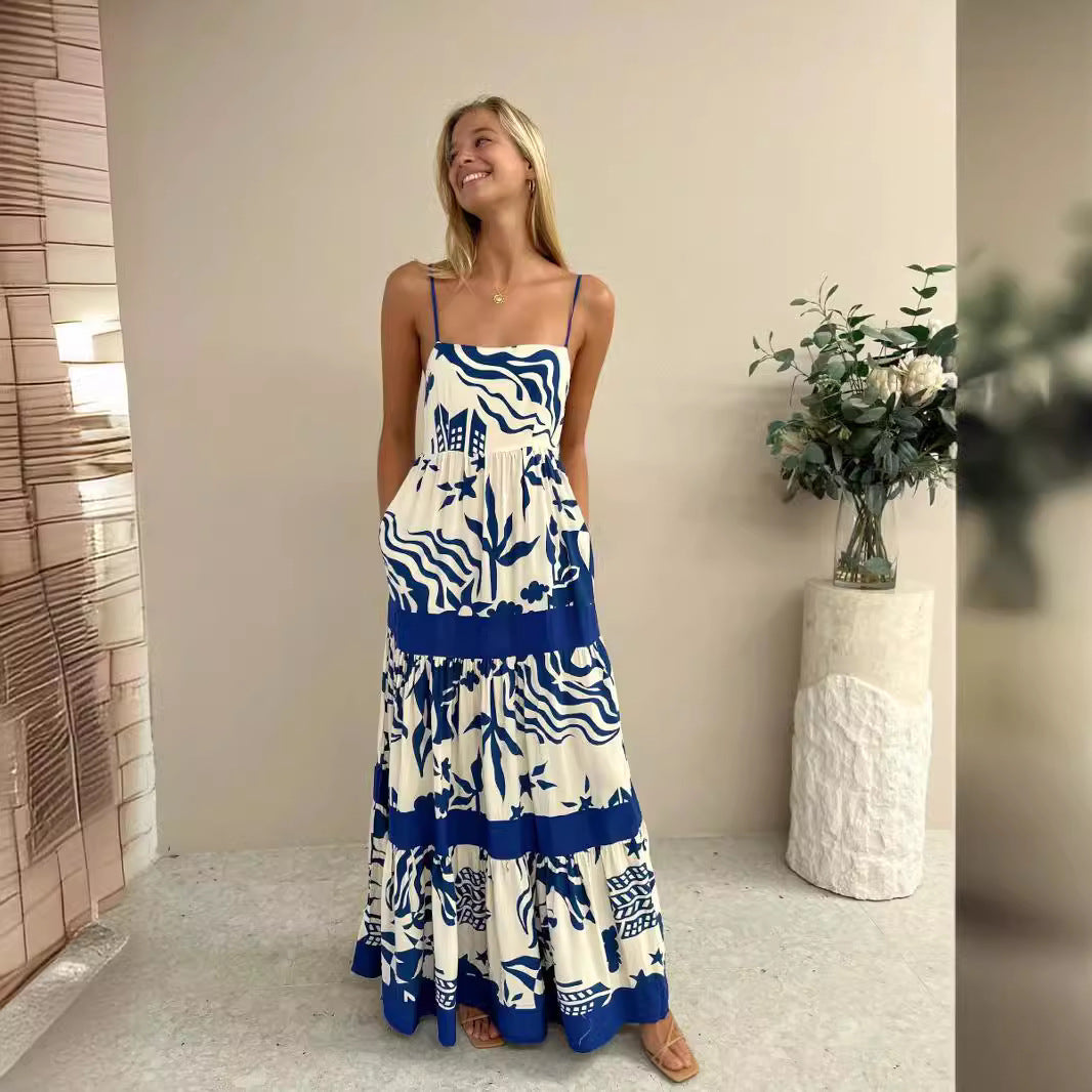 Robe longue femme – Coupe évasée fluide – Bretelles fines – Tissu respirant à volants
