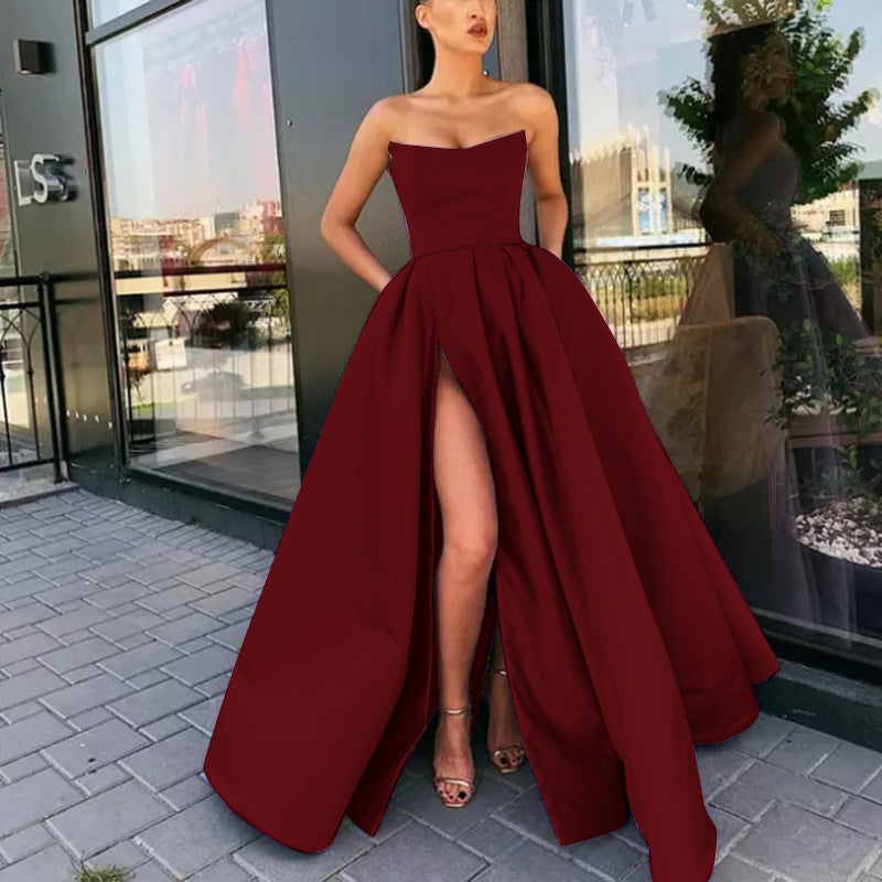 Robe de soirée femme – Bustier structuré – Tissu luxueux – Jupe évasée à fente