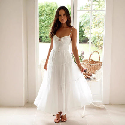Robe longue femme – Bretelles fines – Dos nu – Coupe fluide – Jupe volantée