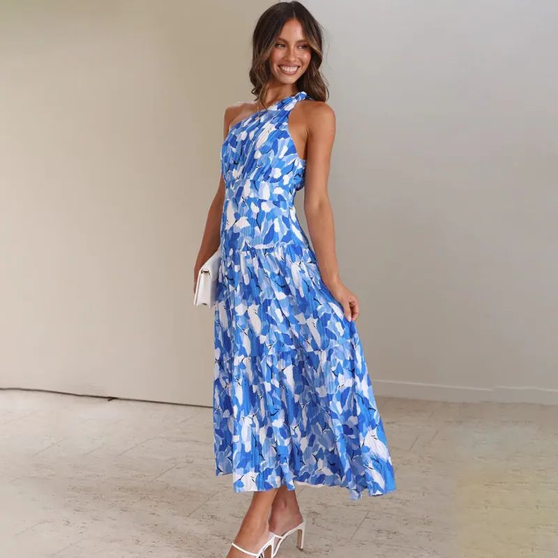 Robe longue femme – Une épaule nue – Coupe évasée – Sans manches – Imprimé fluide