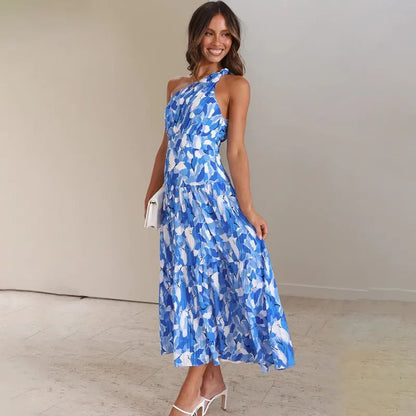 Robe longue femme – Une épaule nue – Coupe évasée – Sans manches – Imprimé fluide