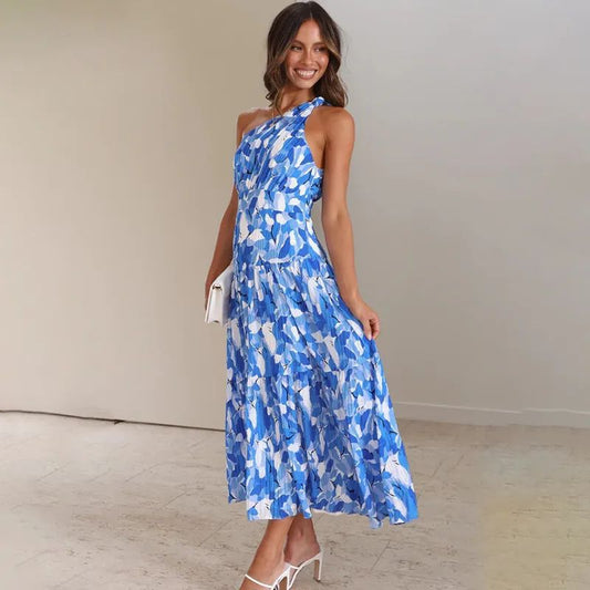Robe longue femme – Une épaule nue – Coupe évasée – Sans manches – Imprimé fluide