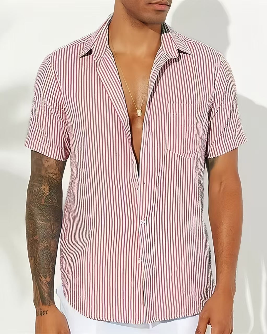 Men's short-sleeve shirt – Relaxed fit – Vertical stripes – Breathable fabric