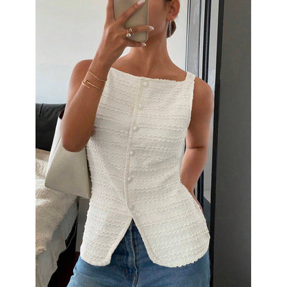 Haut femme sans manches – Coupe cintrée – Tissu texturé – Boutons – Ourlet asymétrique