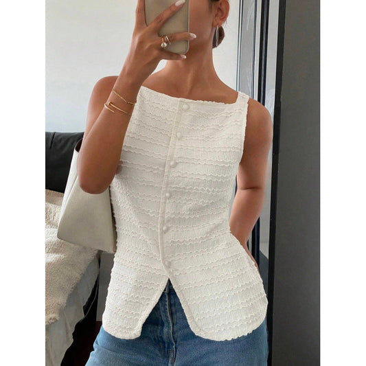 Haut femme sans manches – Coupe cintrée – Tissu texturé – Boutons – Ourlet asymétrique