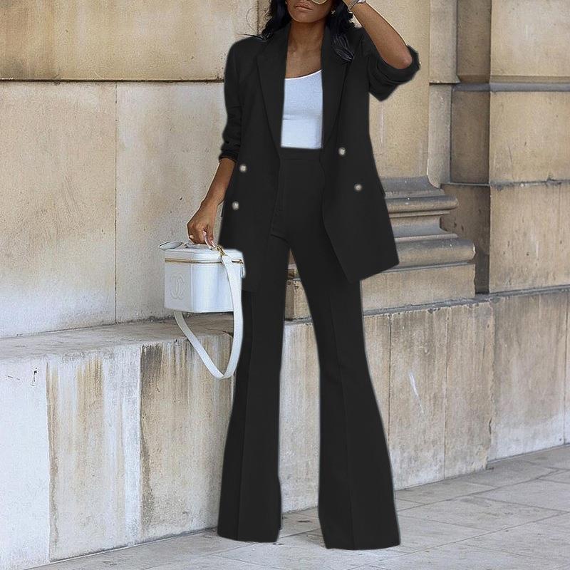 Ensemble pantalon blazer femme – Coupe droite – Veste boutonnée – Jambe large fluide
