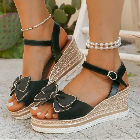 Sandales compensées femme – Talon plateforme – Bride cheville – Nœud décoratif
