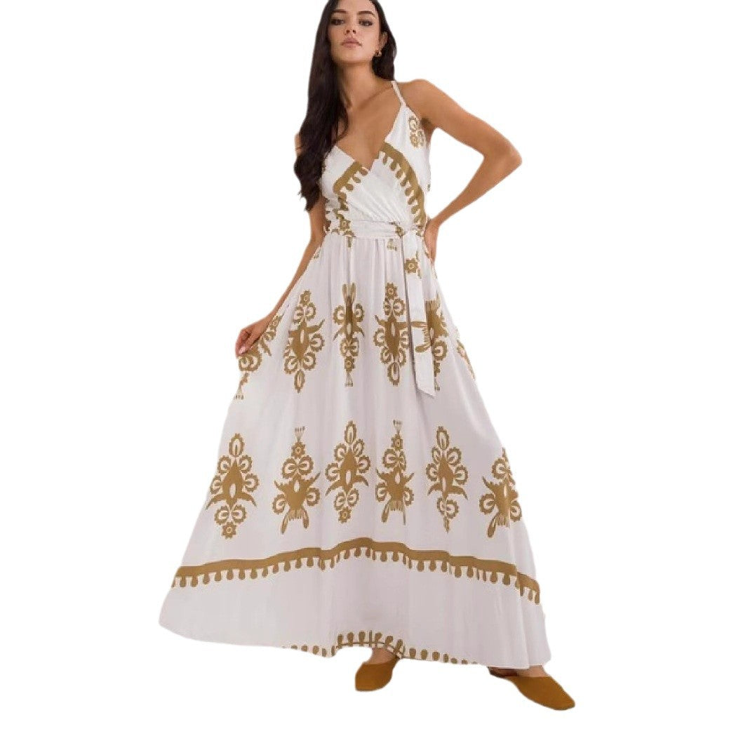 Robe longue femme – Coupe fluide – Décolleté en V – Sans manches – Ceinture – Coton imprimé