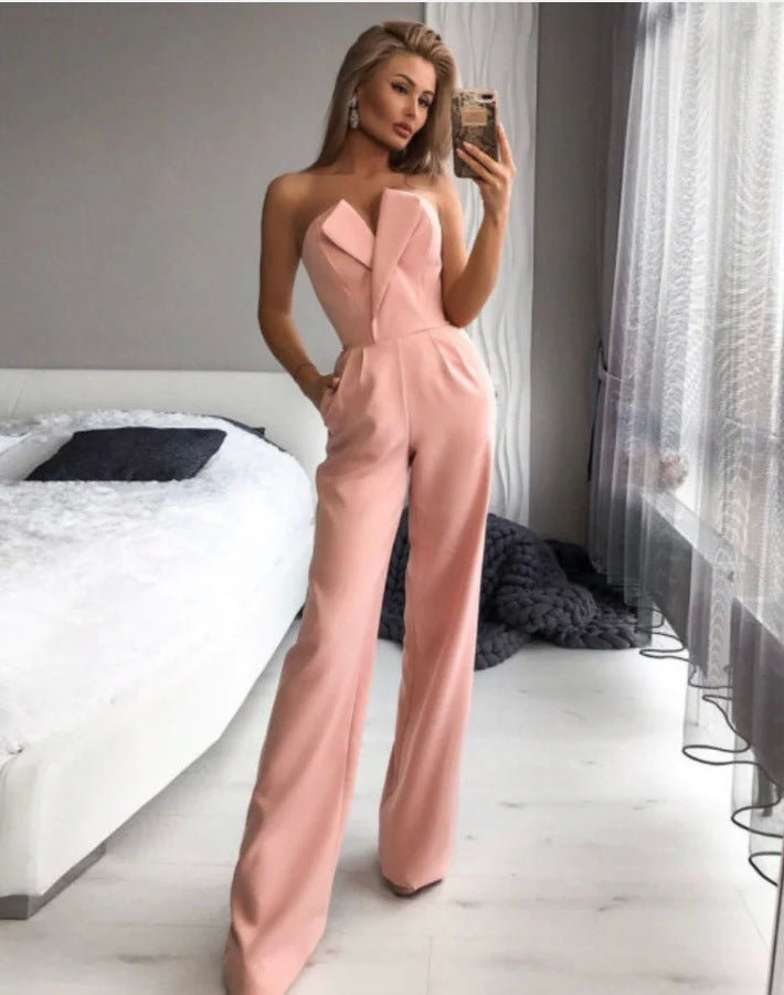 Combinaison Femme – Coupe Ajustée – Encolure Asymétrique – Jambes Larges Élégantes