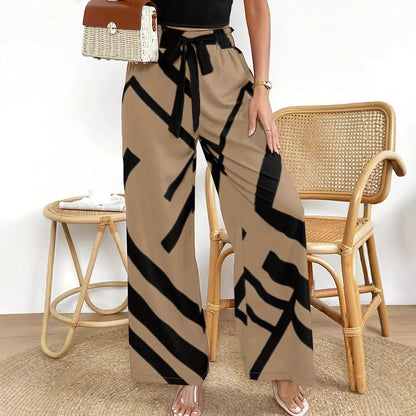 Pantalon femme large – Taille haute – Motif graphique – Ceinture