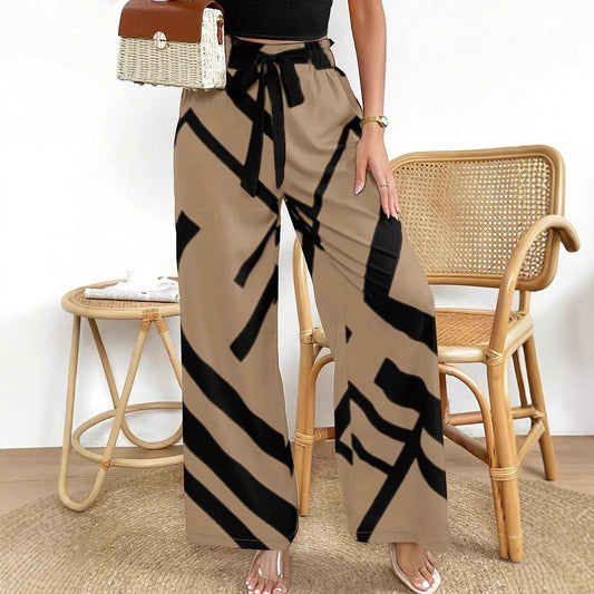 Pantalon femme large – Taille haute – Motif graphique – Ceinture