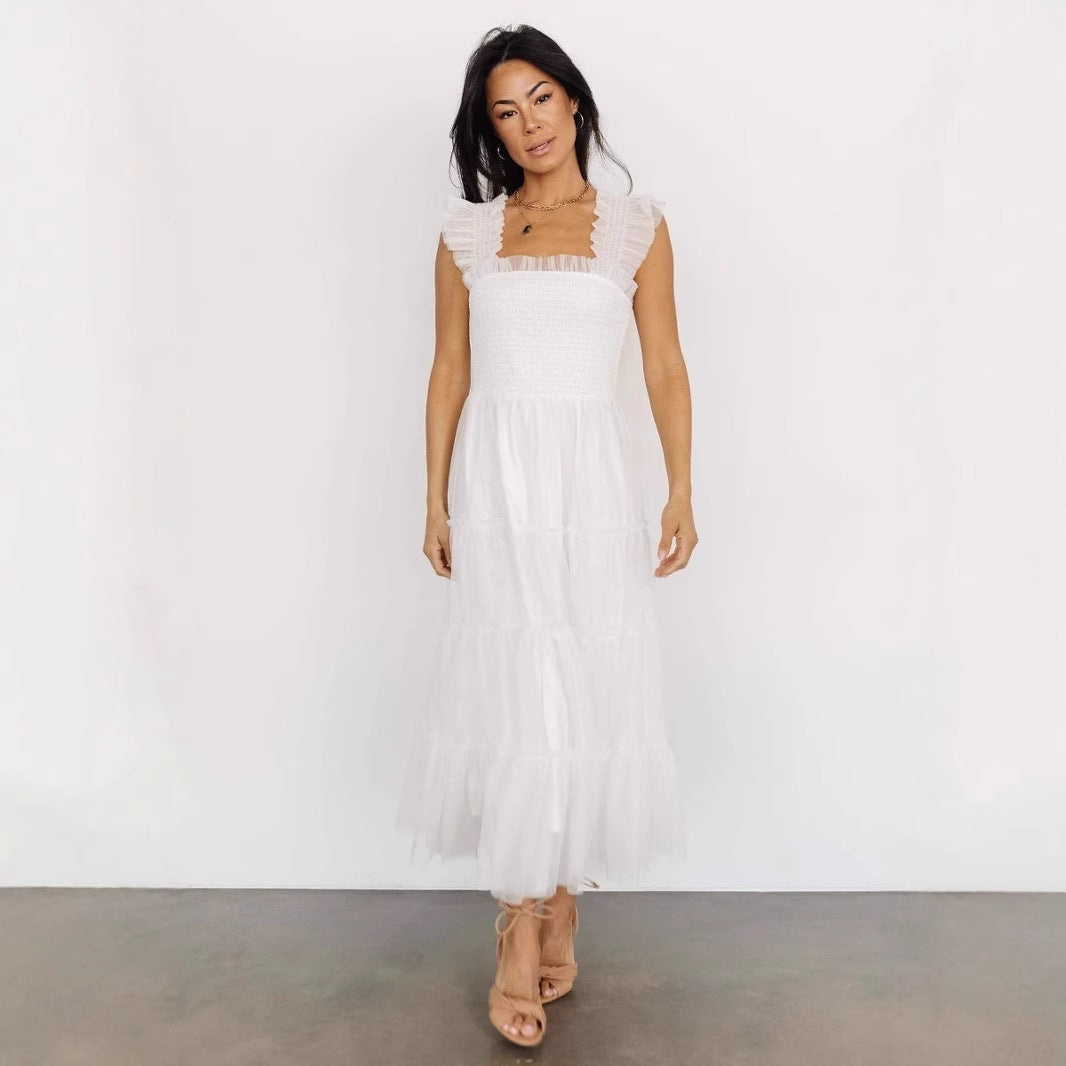 Robe longue femme – Bustier smocké – Jupe en tulle volantée – Sans manches à volants