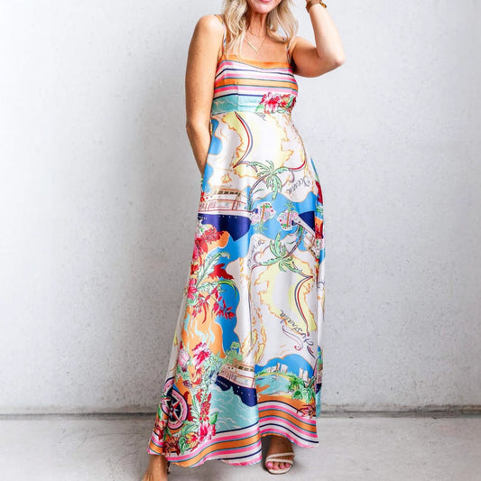 Robe longue femme – Tissu fluide – Coupe évasée – Bretelles fines – Imprimé élégant