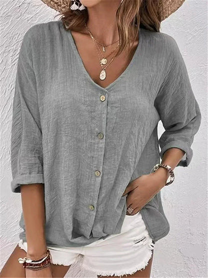 Blouse femme – Coupe décontractée – Lin – Col V – Manches 3/4 à revers