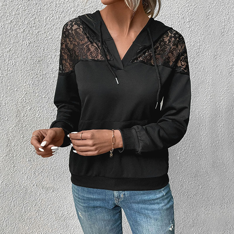 Women's hooded sweatshirt – Relaxed fit – Lace detail – Soft knit – Kangaroo pocket