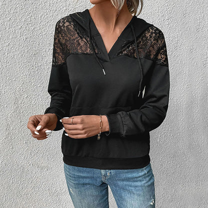 Women's hooded sweatshirt – Relaxed fit – Lace detail – Soft knit – Kangaroo pocket