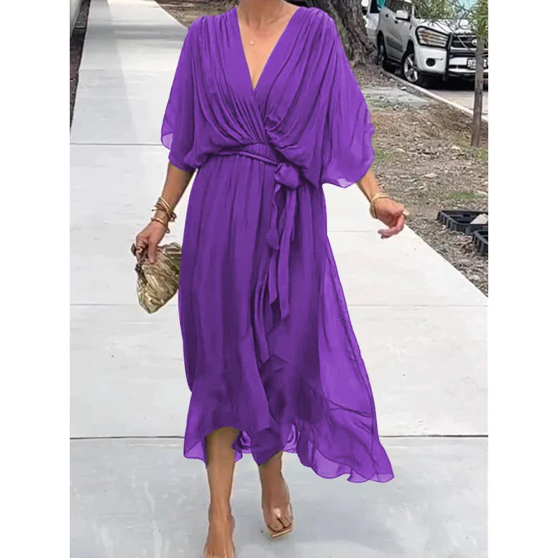 Robe longue femme – Tissu fluide – Manches chauve-souris – Taille nouée – Ourlet asymétrique