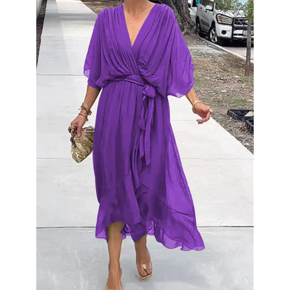 Robe longue femme – Tissu fluide – Manches chauve-souris – Taille nouée – Ourlet asymétrique