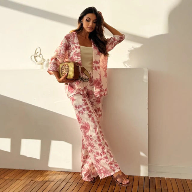 Ensemble Femme Deux Pièces – Kimono Fluide et Pantalon Large – Tissu Léger Imprimé Fleuri
