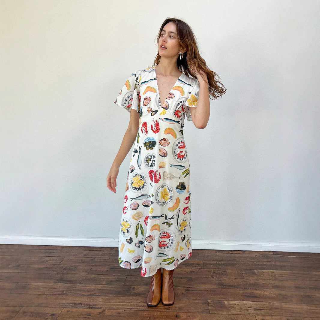 Robe femme col en V – Lin – Coupe ample – Manches courtes – Imprimé boutonné midi