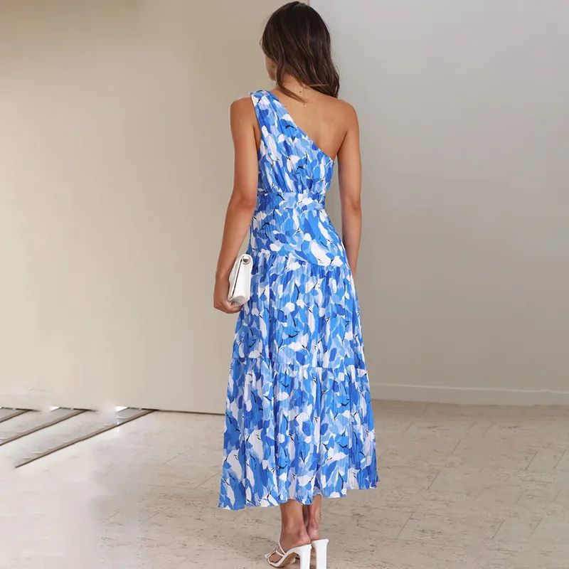 Robe longue femme – Une épaule nue – Coupe évasée – Sans manches – Imprimé fluide