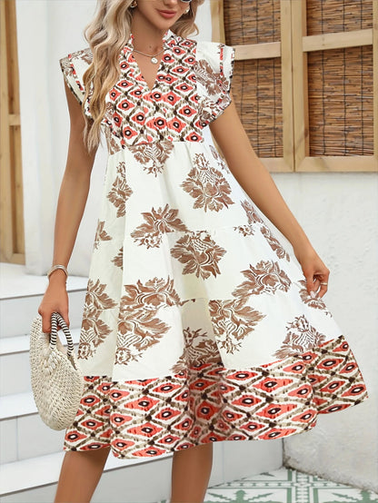 Robe midi femme – Coupe décontractée – Col en V – Manches courtes – Tissu respirant imprimé