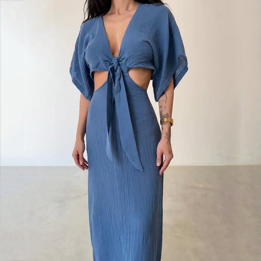 Robe longue femme – Coupe slim – Coton – Décolleté en V – Dos nu – Manches courtes