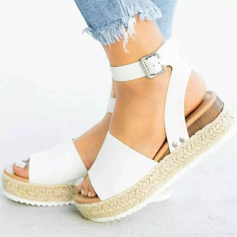 Sandales compensées femme – Semelle plateforme – Bout ouvert – Bride cheville réglable