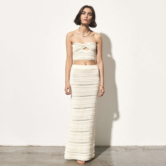 Ensemble Femme Deux Pièces – Haut Bandeau Crochet Croisé – Jupe Midi Taille Haute