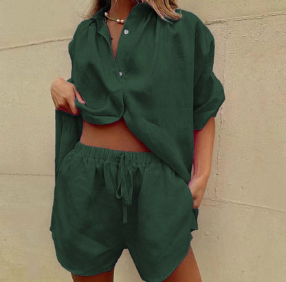 Ensemble Deux Pièces Femme – Lin Léger – Chemise Ample Boutonnée – Short Taille Haute