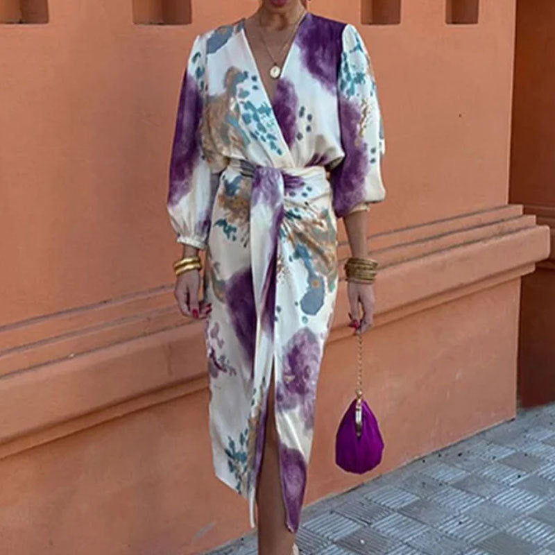 Robe portefeuille femme – Tissu luxueux – Taille cintrée – Ourlet asymétrique – Manches décoratives