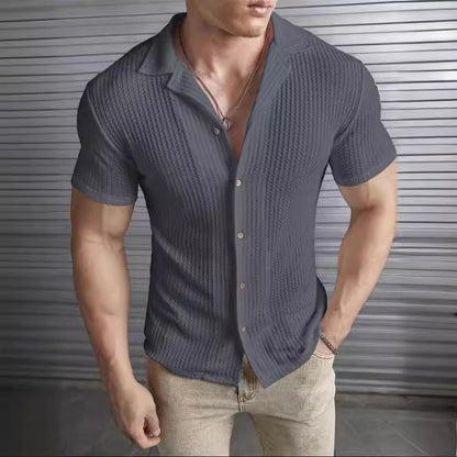 Men's T-shirt – Slim fit – Textured knit – Buttoned front – Short sleeves