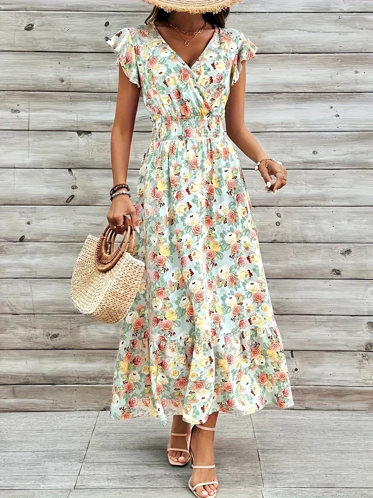 Robe longue femme – Imprimé fleuri – Col en V – Manches courtes volantées – Coton