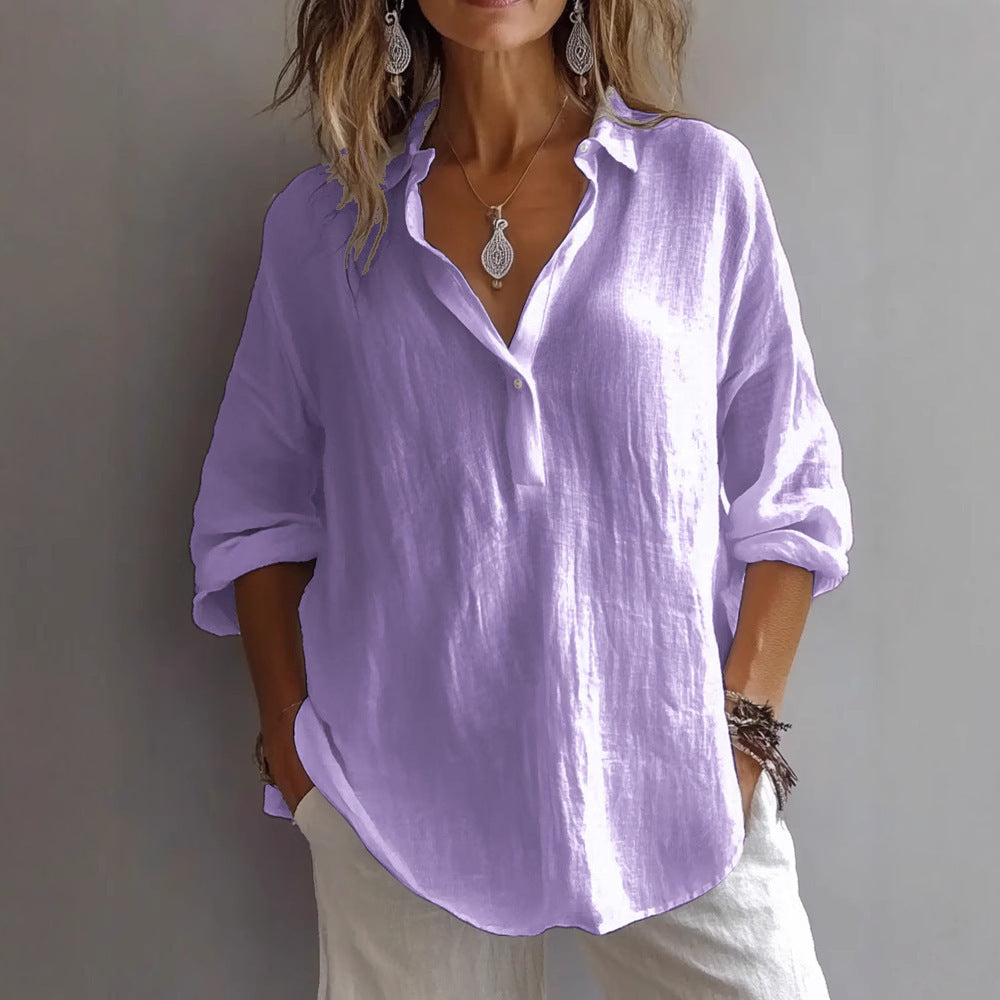 Chemise femme col V – Coupe ample – Manches longues roulées – Fibres naturelles respirantes