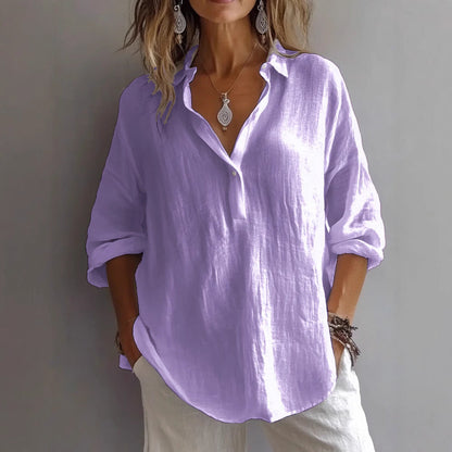 Chemise femme col V – Coupe ample – Manches longues roulées – Fibres naturelles respirantes