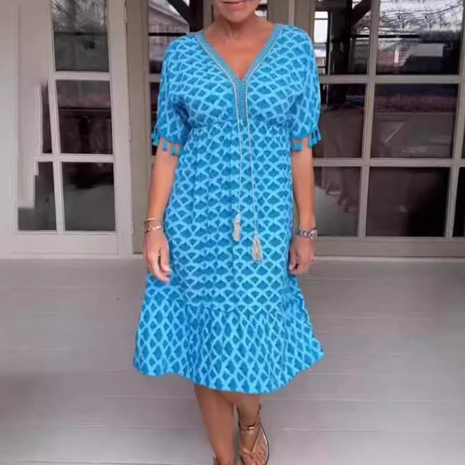 Robe midi femme – Coupe décontractée – Décolleté en V – Manches à franges – Imprimé géométrique