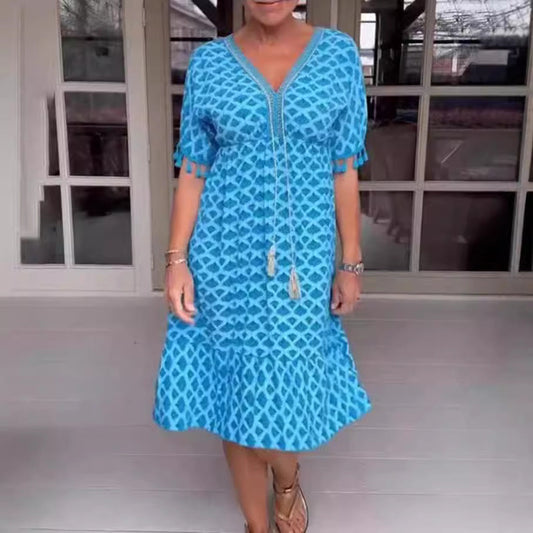 Robe midi femme – Coupe décontractée – Décolleté en V – Manches à franges – Imprimé géométrique