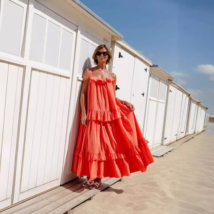 Robe longue femme – Coupe fluide – Décolleté à volants – Bretelles fines – Jupe à étages