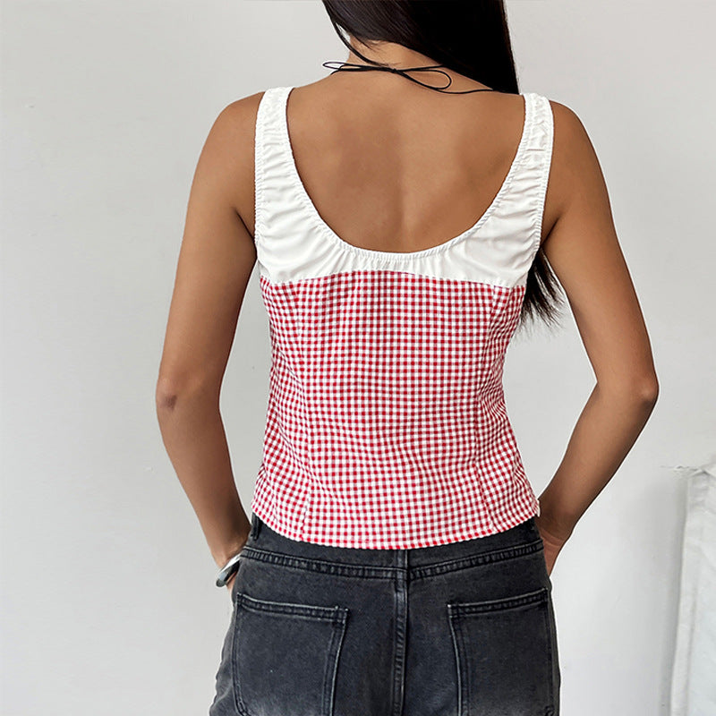 Débardeur femme – Coupe slim – Motif vichy – Encolure dégagée – Détail noué – Court